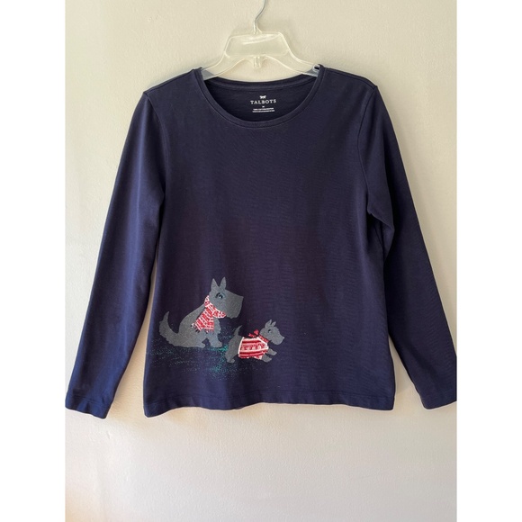 Talbots Sz M Navy Stretch Scottie Dogs n Snow Tee Shirt Blouse Pullover Top - Picture 2 of 9